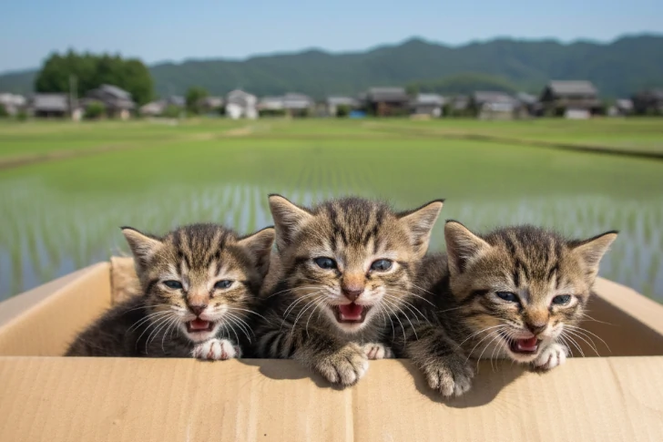 段ボールに入れられた子猫たち。捨て猫のイメージ画像