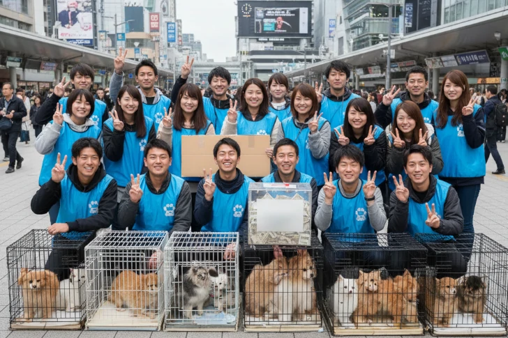 保護猫の駅前募金。笑顔でアルバイトする人達のイメージ画像