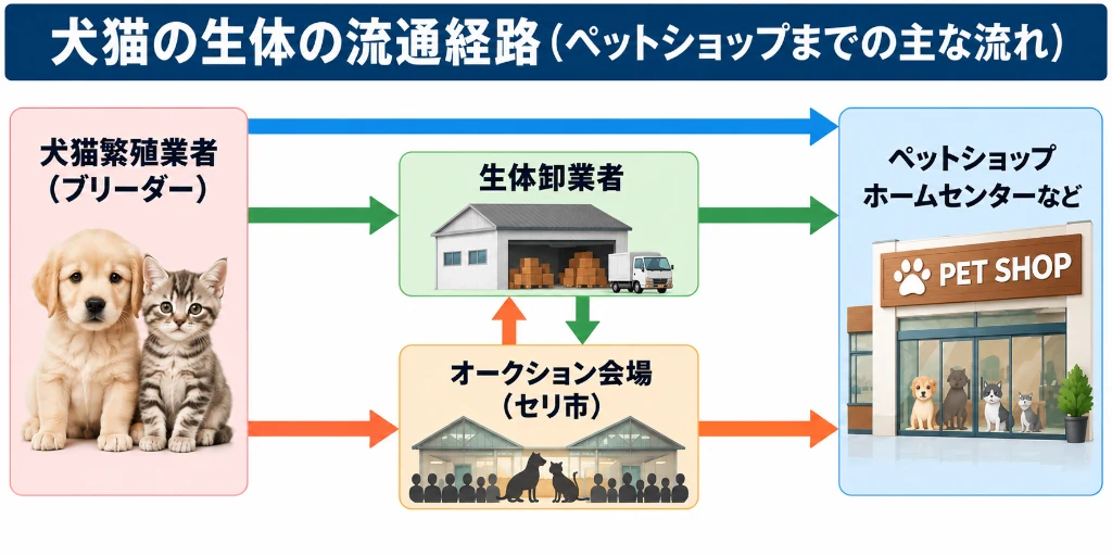 分かりやすいように、環境省の資料をもとに、繁殖業者からペットショップまでの主な流れだけを抜き出して図にしました。